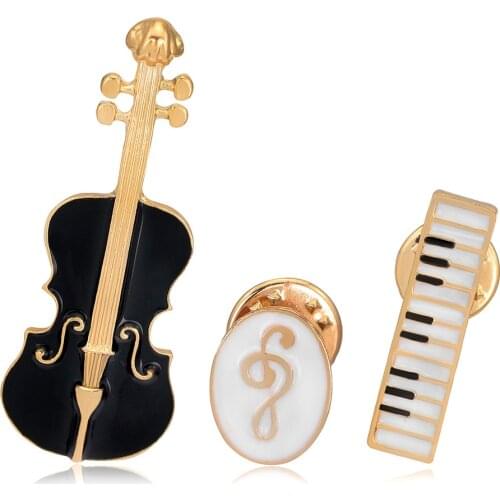 Enameled Black White Violin Piano Brooches Music Instrument Collar Pin One Set Price