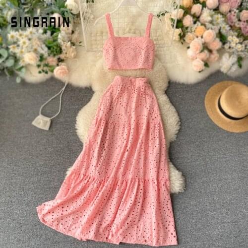 SINGRAIN Women Summer 2020 New French Vacation Two Pieces Set Hollow Off Shoulder Strap Short Tops+Hollow High waist Midi Skirt