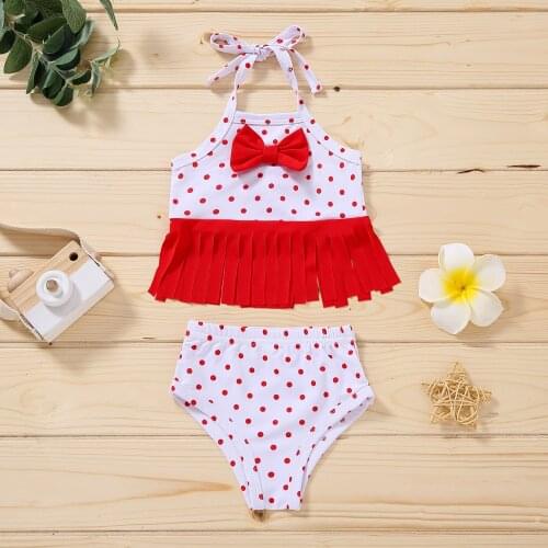 Toddler Baby Girls Cute Bow 2Pcs Set Bikini Swimsuit Print Lace Up Tassel Top+Panties Swimwear Children Bathing Suit Tankini