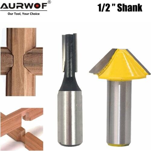 LAVIE 2pcs 12mm 1/2 Carbide Tenon Cutting Bits Knife Flat-bottomed V Shape Milling Cutters Router Bit for Wood Door Window 027