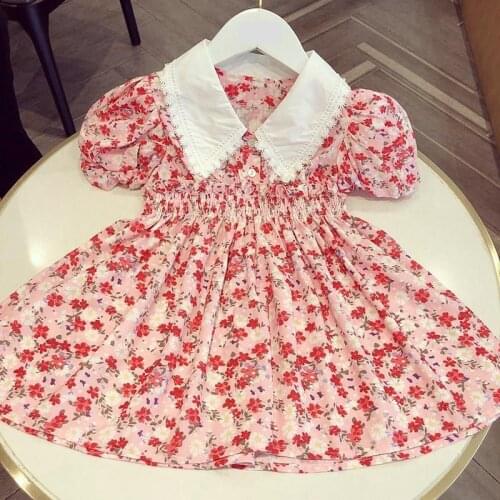 Floral Girls Dress Summer New Korean Fashion Women Dresses V-Neck Short Puff Sleeve Flower Sweet Princess Slim Children Clothes
