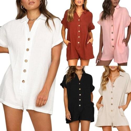 80% HOT SALES!!!Fashion Women Pure Color Single Breasted V Neck Short Sleeve Jumpsuit Romper