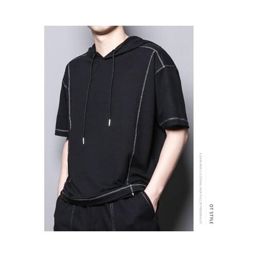 Summer Day Department dark personality loose Stripe Car Line sports leisure hooded short-sleeved t-shirt male trend
