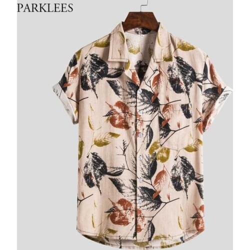 Rerto Leaves Print Hawaiian Beach Shirts Men Short Sleeve Breathablue Tropica Aloha Shirts Holiday Vacation Clothing Chemise 3XL