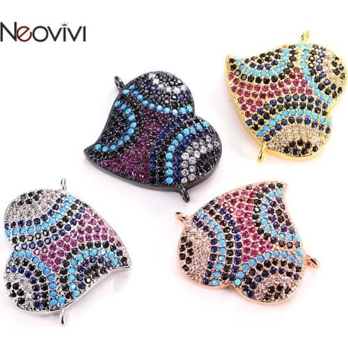 Neovivi Heart Charms Pave Colorful Zircon Copper Bracelets Connector Classic Beads for Jewelry Making Necklaces Handmade Craft