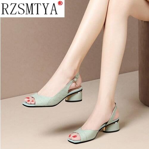 Back Strap Sandals for Women 2021 Summer Block High Heels Sandals Female Soft Leather New Classic Wedding Party Shoes