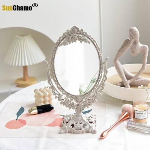 Nordic Silver Plastic Vintage Decorative Mirror Small Round Make-up Bedroom Mirror Ins Table Room Standing Glass Mirror