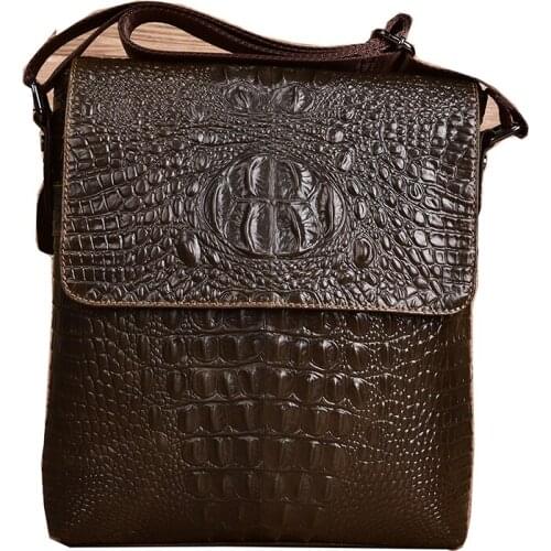 Crocodile pattern first layer cowhide leather handbag mens Crossbody messenger bag casual leather vertical mens shoulder bag