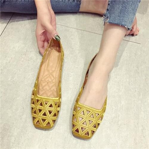 Fashion Casual Flat Shoes Woman Summer Hollow Breathable Cozy Soft Soled Shoes Square Toe Shallow Flat Women Shoes