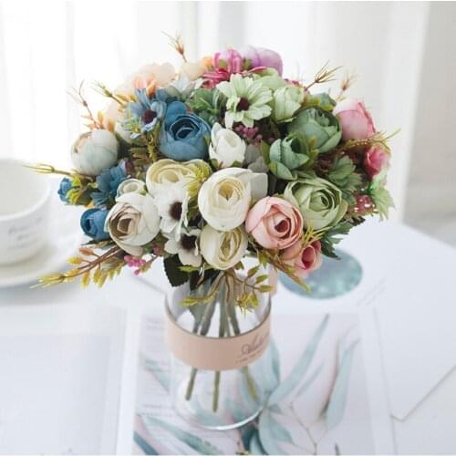 Artificial Flowers High Quality Rose Small Bud Bouquet Wedding Home Retro Fake Flower Party DIY Decoration Wreath Accessories