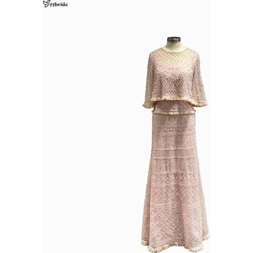 YYbride New Luxury Beading Three Quarter Floor Length Mother Dress Two Pieces Boat Neck Pink Crystals Elegant Ladys Party Skirt