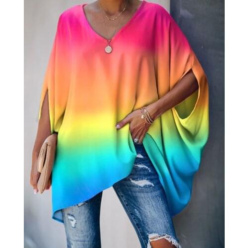 2021 Summer Fashion Top V-Neck T-Shirts Ladies Casual Bat Sleeve Tie-Dye Printed T-Shirt Plus Size Womens Clothing Hot Sale