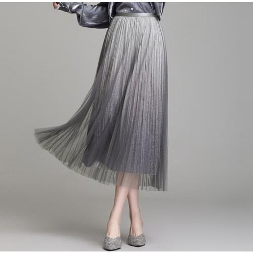 Spring Fall Gradient Bright Silk Women Pleated Skirt Elegant Fashion Korean Loose Big Swing Casual Mesh Long Skrits Lady 9052