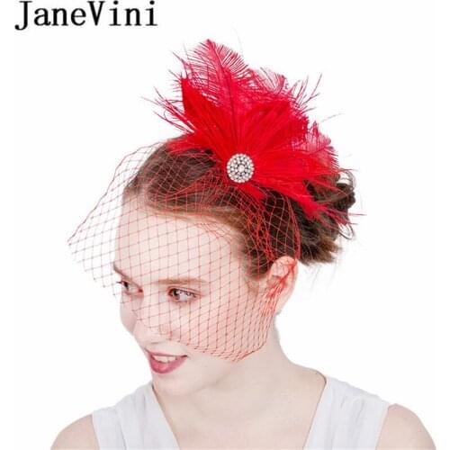 JaneVini Beaded Bridal Net Feather Hats Red Face Veil Bridal Feathers Fascinator Bride Wedding Hats for Women elegant Church Hat