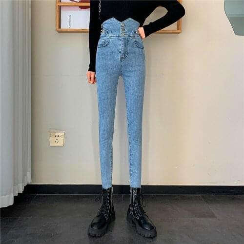 Women High Waist Pencil Jeans Blue Stretch Skinny Slimming Denim Trousers Female Spring 2021 New Denim One Breasted Pencil Pants