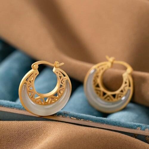 Original S925 Sterling Silver Gold-Plated Natural Hetian Jade Personality Womens Ancient Style Hollow Crescent Ear Clip Earring