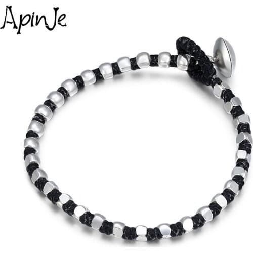 Apinje Fine 925 Sterling Silver Bracelet Women Wax Rope Personality Fashion Braided Bead Bracelet Girl Jewelry Silver Chain