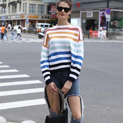 Women Round Neck Striped Sweater Long Sleeve Pullover Knit Jumper Female Winter Autumn Thin Pullover Clothing