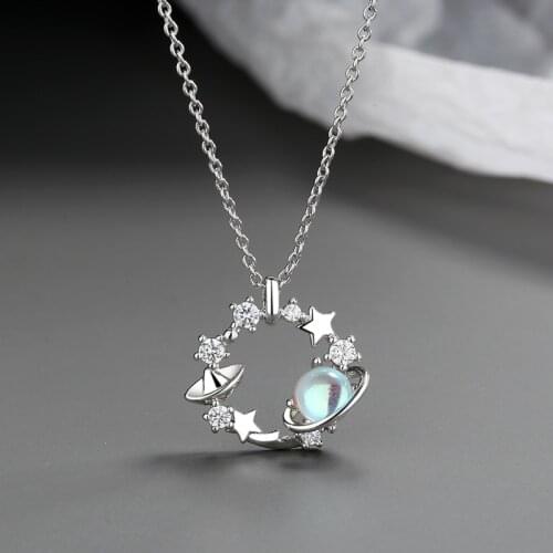 925 Sterling Silver Opal Star Planet Charm Necklace Pendant Korean Jewelry For Women Wedding Choker dz182