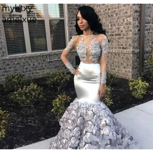 2020 New Arrival Full Boat Silver White Prom Dress Neck Floor-length Sweep Mermaid Natural Satin Regular Illusion Plus Size Prom