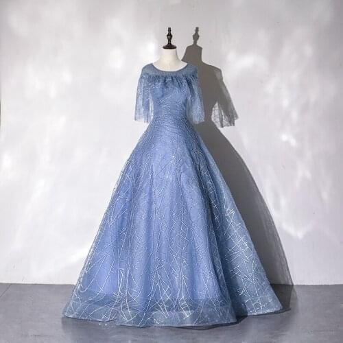 Evening Dress O-Neck Ruffles Empire Half Sleeves Sequins Ball Gown Pleat Floor-Length Fashion Party Formal Dresses Woman B909