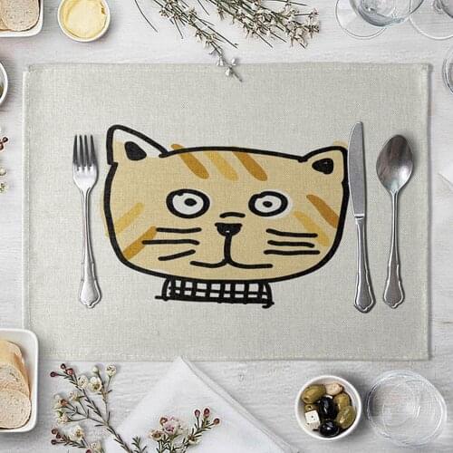 1Pcs Cute Black Cat Pattern Kitchen Placemat Dining Table Mats Drink Coasters Western Pad Cotton Linen Cup Mat 42*32cm