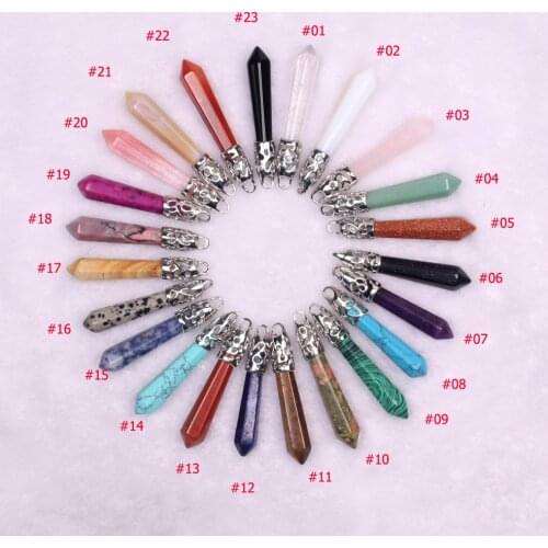 24PCS High Quality Necklace Pendants 60*10mm Assorted Natural Stone Healing Chakra Energy Point Pillar Charms Jewelry Pendulum