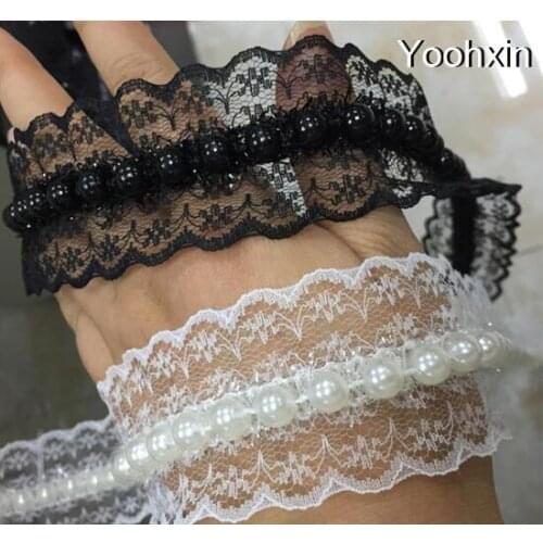 4.2cm Wide New Pearl white black lace fabric trim ribbon collar DIY sewing applique Flowers embroidered 3D fringe guipure supply