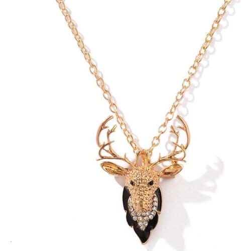 Christmas Present Elk Pendant Necklaces For Women Men Crystal Gold Silver Color Deer Antlers Hollow Charm Sweater Chain Jewelry