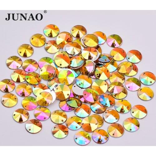 JUNAO 500pcs 10mm Yellow AB Round Rivoli Crystal Sew On Rhinestones Flatback Acrylic Strass Sewing Crystal Stones for Garment