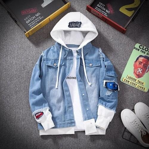 Men Denim Jacket Streetwear Hip Hop Mens Hooded Jean Jackets Male Casual Loose Outerwear 2021 New Spring Fashion Slim Fit Coat