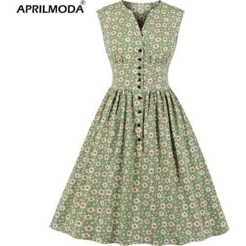 2021 Button Front Small Flower Printed Retro Vintage Swing Tunic Midi Dress 50s 60s Sleeveless Summer Pinup Rockabilly Dresses
