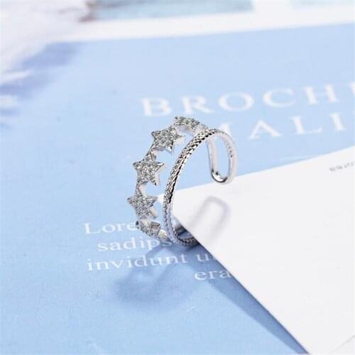 New Temperament Female Small Fresh Crystal Star 925 Sterling Silver Jewelry Double-layer Five-pointed Opening Rings SR443