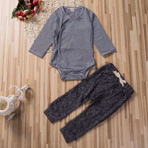 Autumn Newborn Infant Baby Boys Girls Warm Clothes Sets 2020 New Style 2PCS Striped Long Sleeve Romper Tops+Grey Patchwork Pants