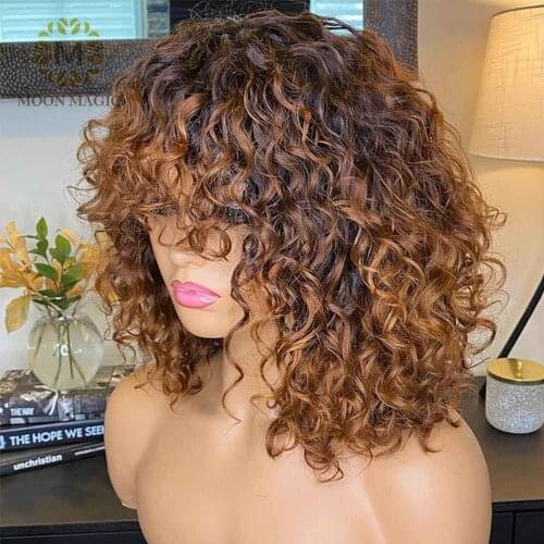 Curly Human Hair Wigs With Bangs Ombre Lace Front Wig Honey Blonde Kinky Curly Wig Short Bob Wig 13x4 Lace Front Human Hair Wigs