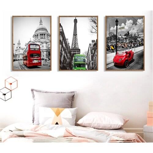 Paris Car Vintage Poster London Bus Painting Nordic Black and White Wall Art Canvas Pictures for Living Room Home Decoration
