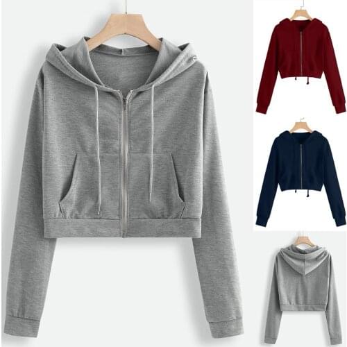 S-XL Women Casual Solid Long Sleeve Zipper Pocket Shirt Hoodie Sweatshirt Thin Drawstring Short Tops Young Student Sweatshirt