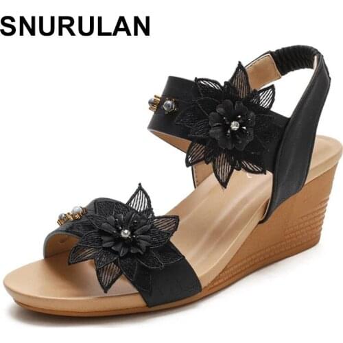 SNURULANSummer Comfortable Women Shoes Woman Sandals Fashion Flowers Casual Roman shoes Ladies Wedges Sandals Plus 36-42