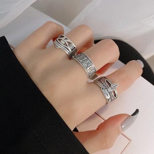 Silvology 925 Sterling Silver Abstract Pattern Beauty Rings Original Matte Ancient Eye Symbols Rings for Women Element Jewelry