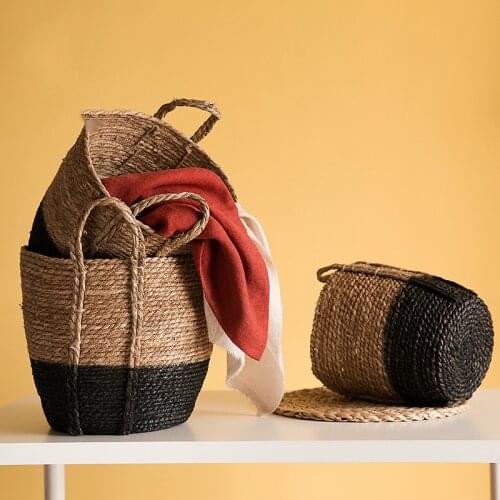 Straw Basket Stitching Black Home Storage Basket Finishing Basket