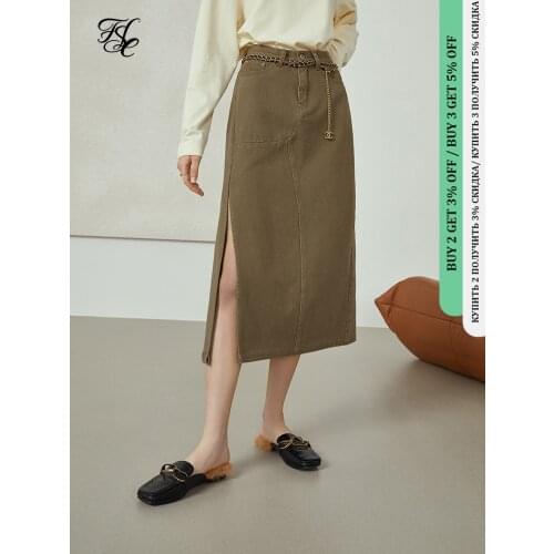 FANSILANEN Skirts Womens Khaki Denim Skirt Mid-length Split High Waist Design Long Brown Simple Skirt Women Casual Denim Skirt