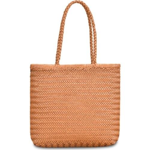 Genuine leather knitted women bucket handbag simple open totes high quality