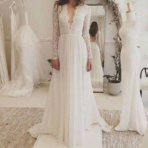 2020 Romantic Deep V Neck A Line Wedding Dresses Lace Long Sleeve Backless Sweep Train Bridal Gowns Custom Size