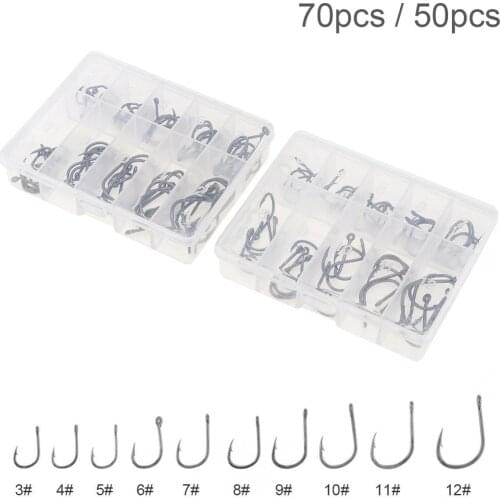 50 / 70pcs Fishing Hook Sets 3-12# High Carbon Steel Single Fishhooks Jip Barbed Carp Hooks with Hole