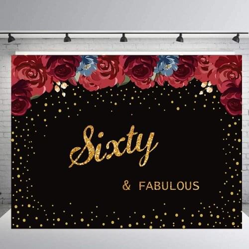 Sixty fabulous Birthday party banner black glitter rose flower backdrop photography background decoration photo booth props B426