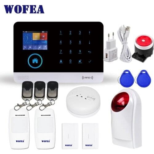 Wofea wifi GSM Wireless Burglar Security Alarm System for Home Business APP Control Siren RFID Motion Detector PIR Smoke Sensor