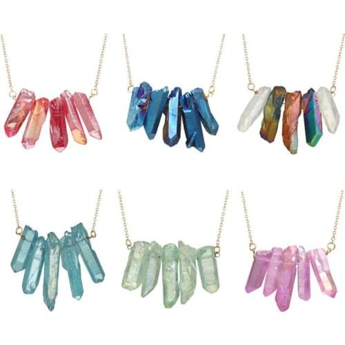 Healing Crystal Wands Point Shaped Pendant Gold Plated Chain Reiki Quartz Crystal Raw Stone Coated Diy Necklace Hanmade 1pc