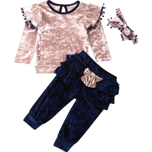Toddler Kids Baby Girl Autumn Clothes Sets Velvet Ruffle Bow Tops Long Pants 3Pcs Outfit Set 1-6Y