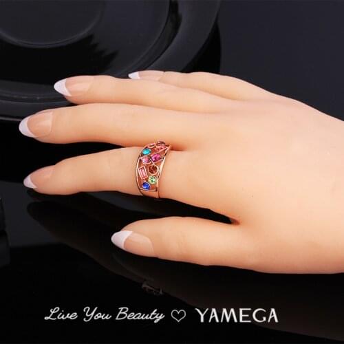Trendy Rose Gold Ring Unique Fashion Jewelry Colorful Luxury Crystal Czech Rhinestone Rings Gifts For Women Girls High Quality