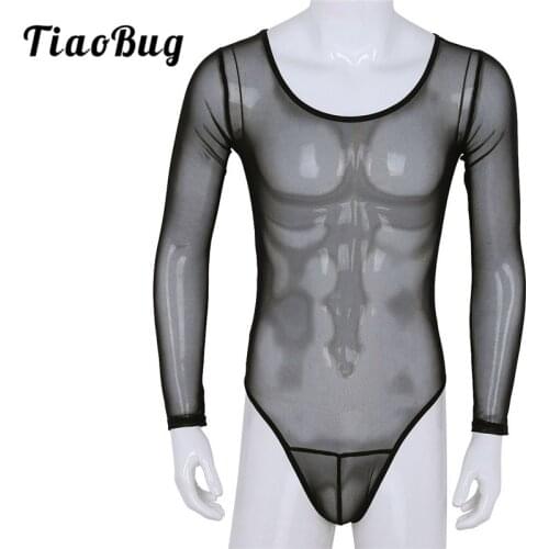 TiaoBug Mens Lingerie One Piece See Through Mesh Black Jumpsuit Fishnet Bodysuit Sexy Costume Male Gay Porno Underwear Club Wear